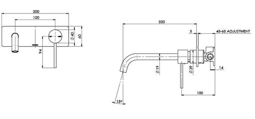 Vivid Slimline Wall Bath Mixer Set 230mm (Line Drawing)